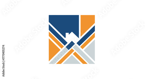 Abstract geometric house logo design with blue orange and white colors.