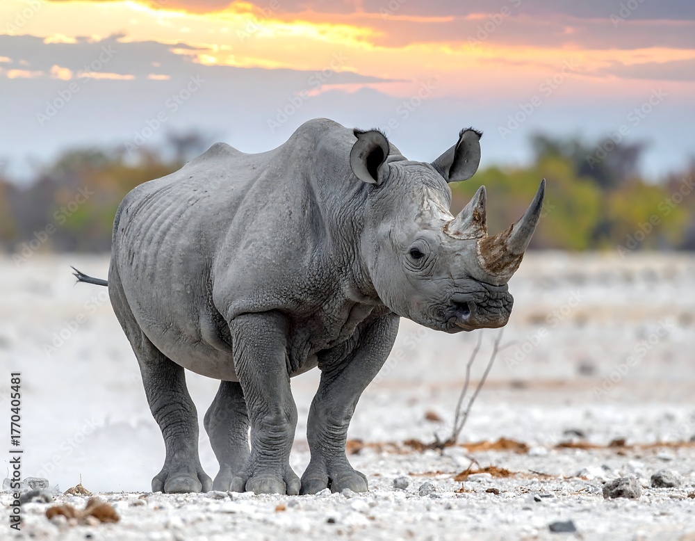 Fototapeta premium A large, gray rhinoceros stands in a desolate landscape with sparse vegetation. The sky displays vibrant orange and yellow hues at sunset
