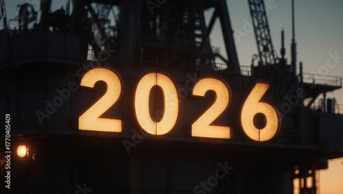 Silhouetted Oil Rig at Sunset with Glowing Etched 2026 on Structure, Dramatic Energy Industry Backdrop