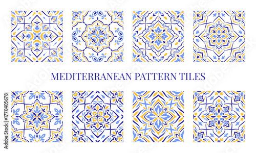 Mediterranean ceramic tile set. Blue yellow seamless patterns, no background. Spanish, Sicilian, Portuguese, Italian traditional ornaments. Floral ethnic motifs, mosaic design prints. Vector