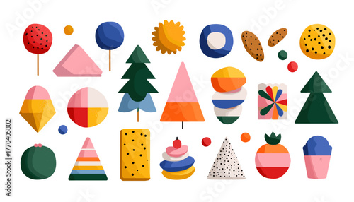 Colorful geometric shapes and desserts in playful design  