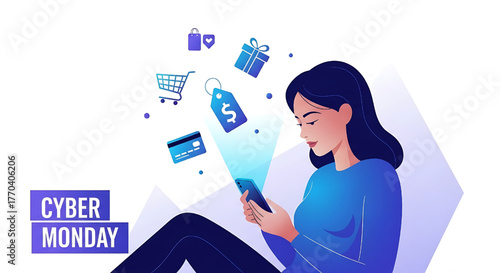 Cyber Monday Shopping Online with Woman and Smartphone