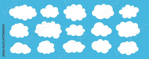 White fluffy clouds on blue sky background. Minimal flat style cloud icons collection. Cute nursery cloud vector