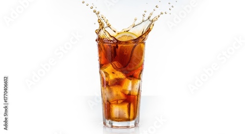 Refreshing ice tea splash in tall glass with ice cubes cold beverage refreshment liquid