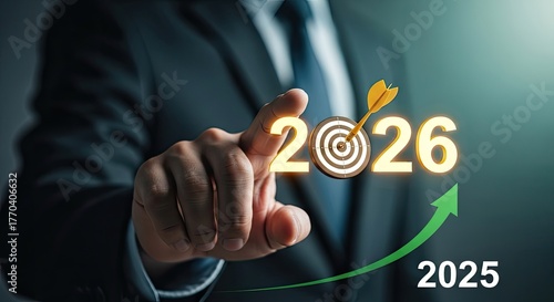 Golden 2026 Year with Target on Businessman's Hand Achieving Growth and Success