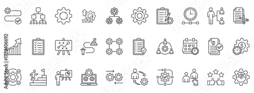 Workflow Icon Set. Contains Icons That Are Relevant For Business. Designed In Vector Outline Style
