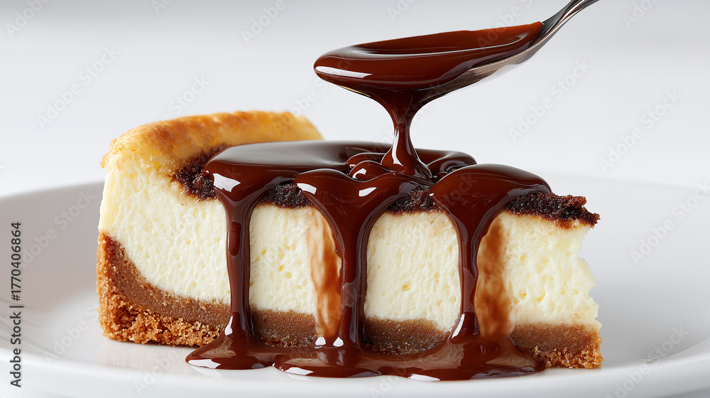 Fototapeta premium San Sebastian cheesecake slice with golden crust and rich chocolate sauce dripping from spoon, artisan baked dessert, gourmet treat, food photography, creamy texture, patisserie style.