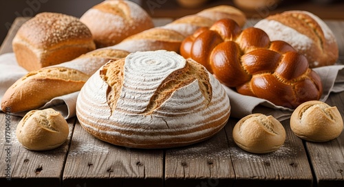 A rustic assortment of freshly baked artisan breads, including sourdough, baguettes, and rolls, artfully arranged on a wooden table.