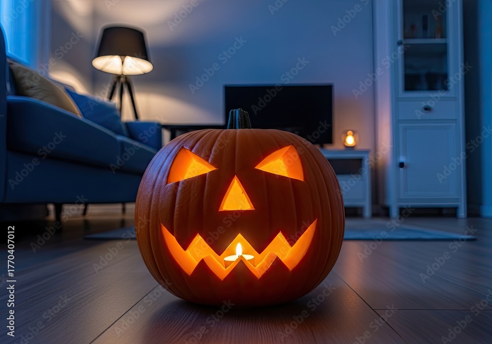 Fototapeta premium Halloween Pumpkin Carving with Candlelight in Living Room Interior, Evening