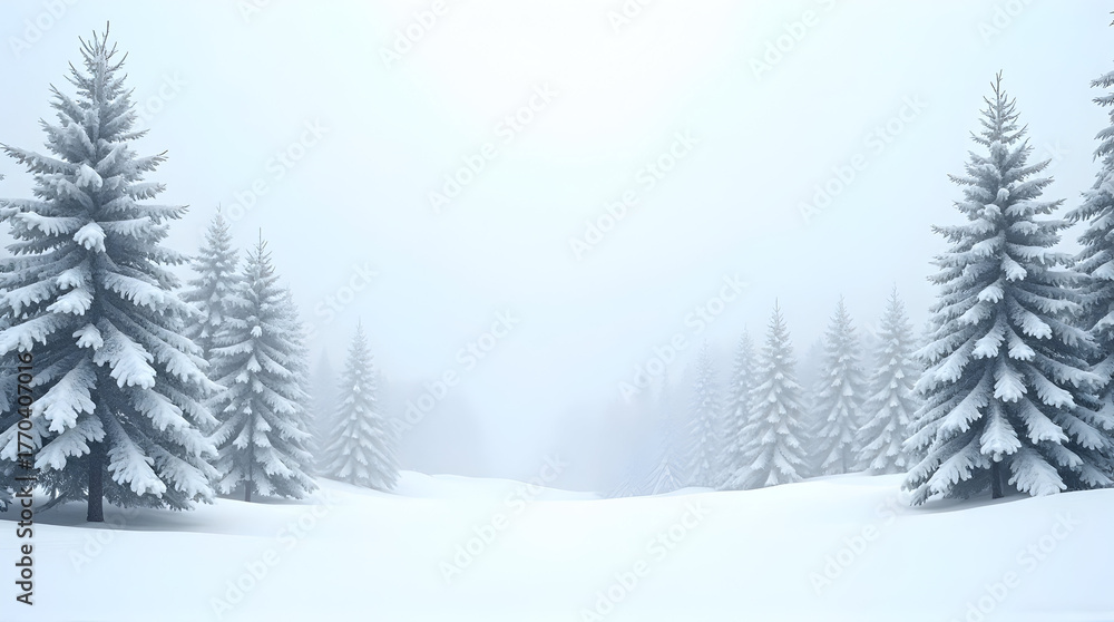 Naklejka premium Snowy Winter Forest with Frosted Evergreen Trees in Misty Landscape
