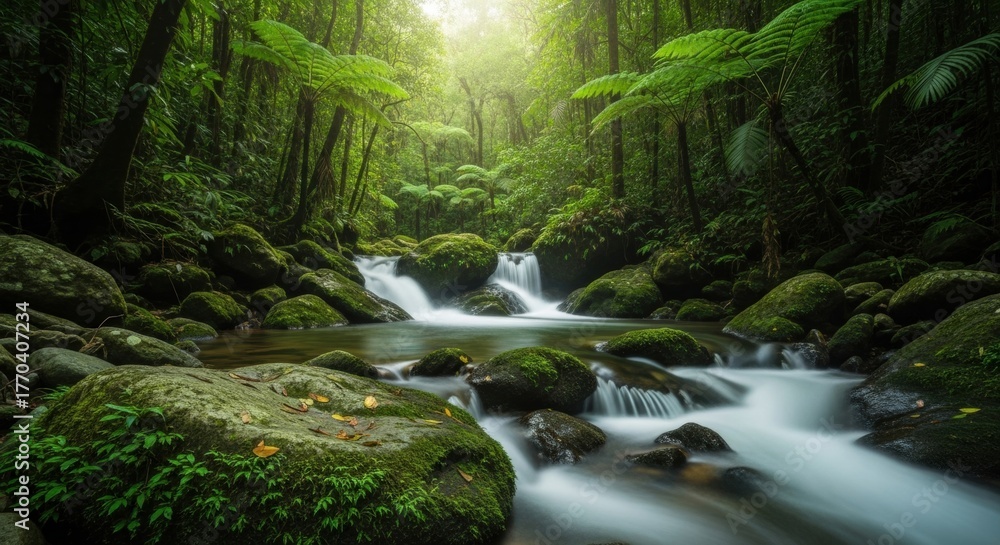 Obraz premium Emerald Cascade: Mossy Rocks and Ferns in a Lush Rainforest Stream