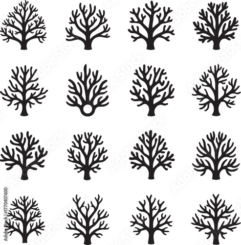 Tree Silhouettes Collection: A comprehensive compilation of intricate tree silhouettes. Each unique silhouette captures the essence of bare branches against the crispness.