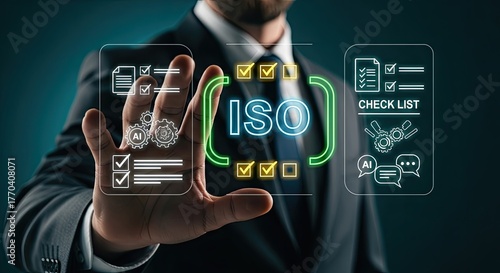 Man Reaching for ISO Outline Icon with Checkmarks and AI Gears on Dark Background