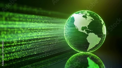 Green Digital Earth Global Network Light Streaks Reflection. Technology Future Visualization
