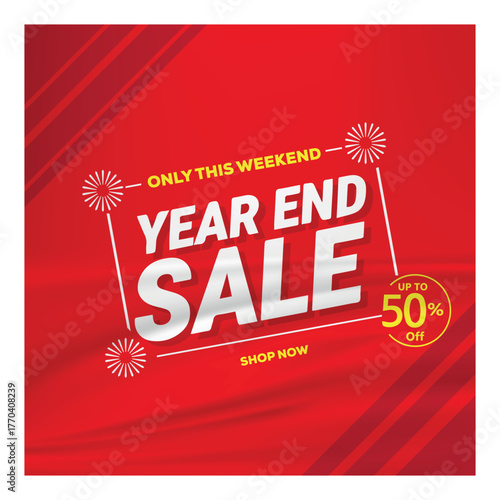 Limited time offer! Announce your massive Year End Sale event with this eye-catching red banner featuring bold 3D text and a maximum discount of 50%. Click 'Shop Now' button