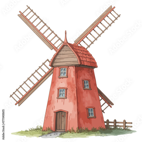 Old Dutch windmill in the Netherlands with a blue sky above the green rural landscape