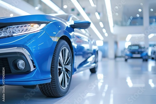 bright blue car stands prominently in modern dealership. clean, shiny floors reflect vehicle sleek design. Other cars can be seen in background, creating inviting atmosphere for potential buyers