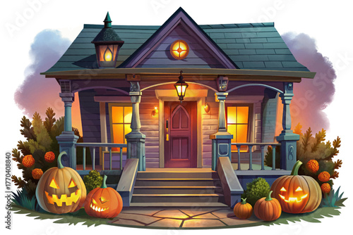 Front porch decorated with pumpkins, candles, and lanterns at dusk representing festive Halloween decoration