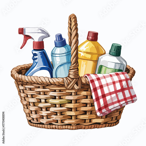 Basket of bottles of cleaning products, detergent and towels with a sponge for hygiene and a clean bathroom set