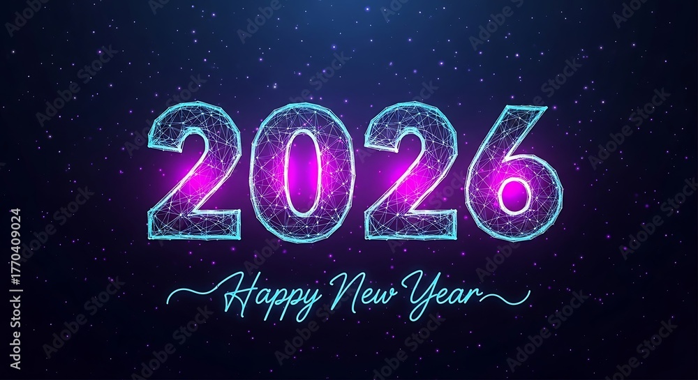 Fototapeta premium Celebrate a dazzling New Year with this futuristic 2026 design, perfect for festive greetings, tech-themed events, and innovative marketing campaigns that spark joy and excitement