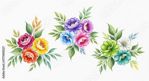 Vibrant watercolor floral bouquets with lush greenery delicate petals artistic design