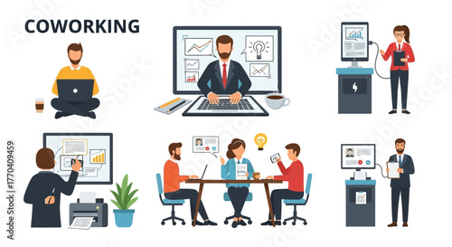 A collection of flat vector illustrations depicting business people in a modern coworking office environment.