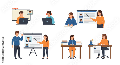 A collection of flat vector illustrations showing people in online classes, studying, and giving presentations.