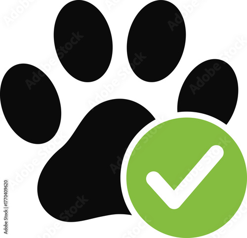 Black paw print with green check mark icon on white background animal approved