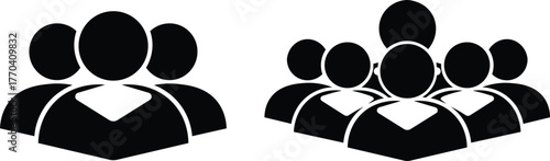 Black silhouette icons of groups of people in isometric perspective group people icon