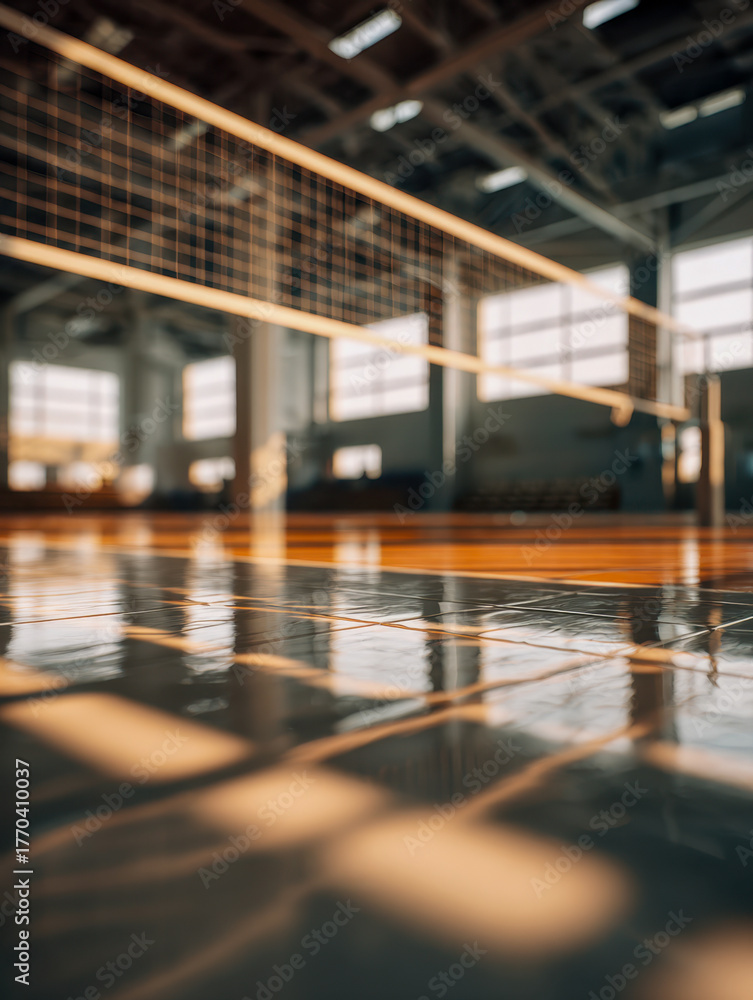 Obraz premium Indoor sports court with polished flooring and net illuminated by warm natural sunlight streaming through large industrial windows during daytime