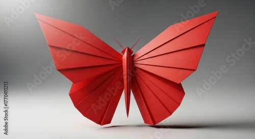Vibrant red origami butterfly art displayed with soft lighting and subtle shadows