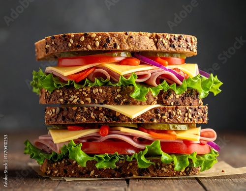 A layered sandwich sits on a wooden surface. Two slices of seeded bread cradle a generous filling of meats, cheeses, and vegetables