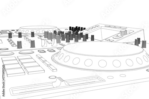 Black and white contour drawing of a sleek DJ controller featuring two knobs, buttons, a display screen, and USB connectivity for professional audio mixing.