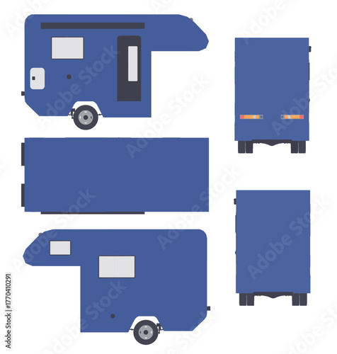 Blue camper trailer silhouette set on a white background. This printable papercraft template is perfect for creating unique and creative designs.