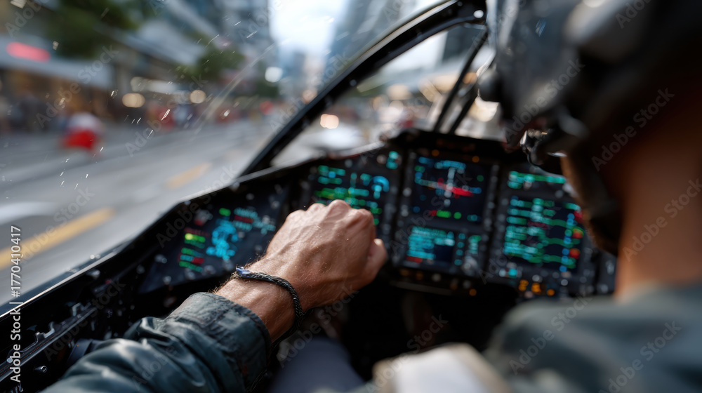 Obraz premium From the cockpit perspective, a pilot's hand expertly navigates the jet while advanced cockpit displays illuminate the environment, showcasing technology in aviation.