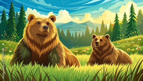 Realistic vector of male and female bears resting in green meadow, tall grass and forest background, warm sunlight, detailed fur texture, peaceful wildlife moment