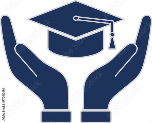 Dark blue graduation cap held by open hands icon mortarboard holding vector