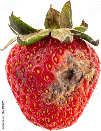 Close-up of spoiled strawberry with mold and rot on white background, concept of food decay, fruit spoilage, and unhealthy produce