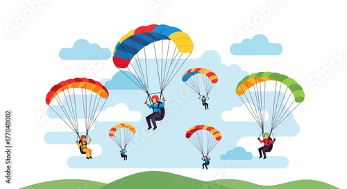 A group of people paragliding with vibrant, multi-colored parachutes in a flat vector style.