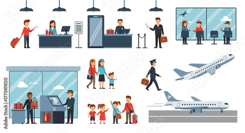 Airport Scene with Passengers, Staff, and Airplanes Illustration