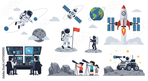 Astronaut Floating in Space with Spacesuit, Helmet, and Orbiting Spheres