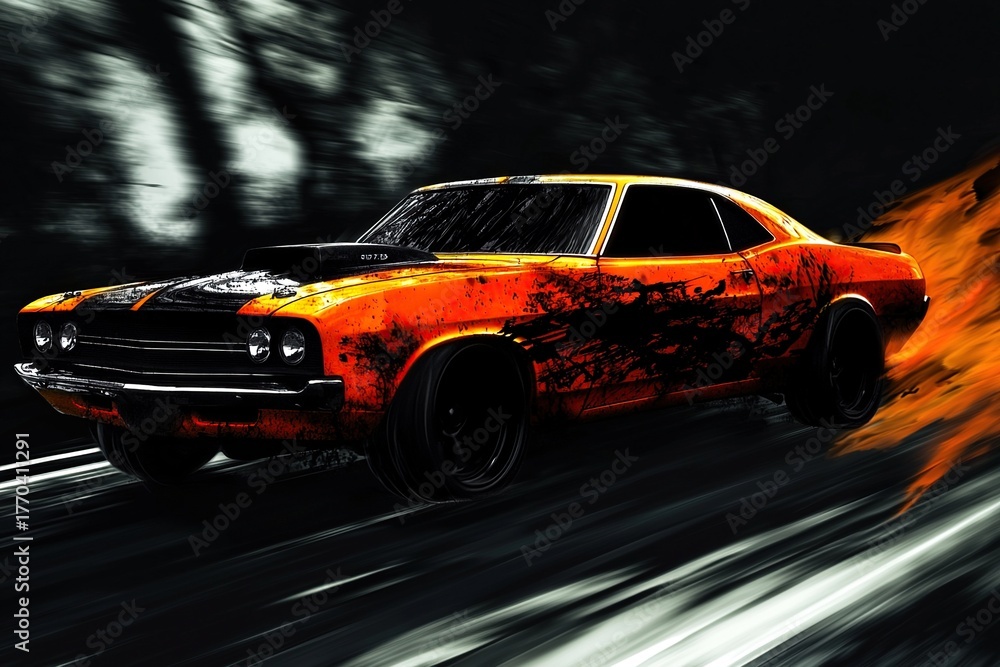 Fototapeta premium Muscle car from the 1960s speeding on the road. Illustrated poster design. Generative Ai
