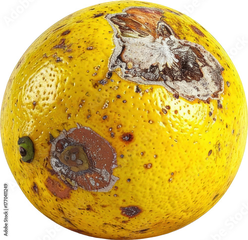 Close up of spoiled yellow citrus fruit with mold, rot, and surface blemishes isolated on white background