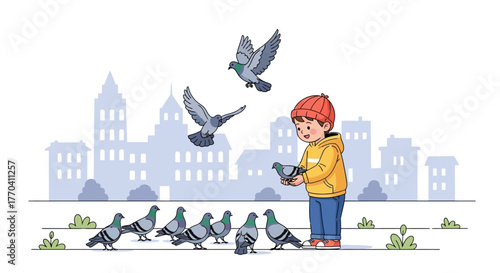 Cartoon Boy Feeding Pigeons in Cityscape, Wearing Red Hat