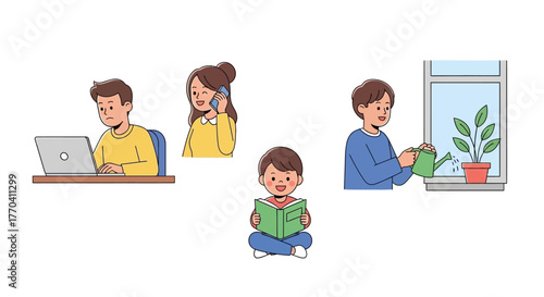 Cartoon family engaging in different activities at home illustration.
