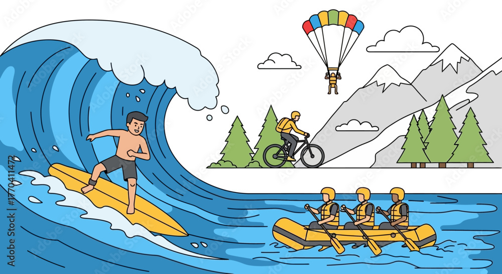 Obraz premium Cartoon Surfer Riding a Yellow Surfboard on a Big Blue Wave