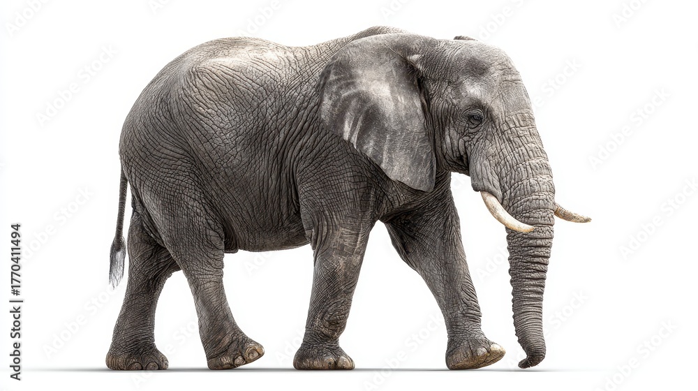 Fototapeta premium Majestic African Elephant Walking Isolated on White Background