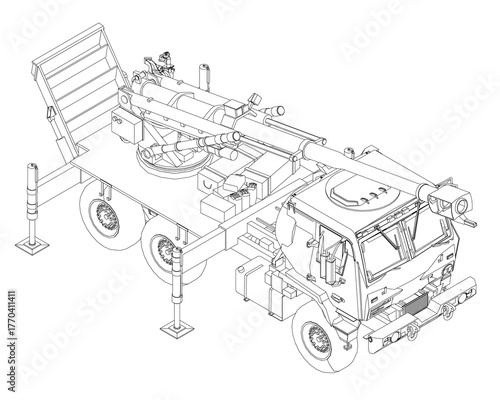 Military rocket launcher truck with mounted gun in clean contour drawing. The vehicle is isolated on a white background for versatile use.