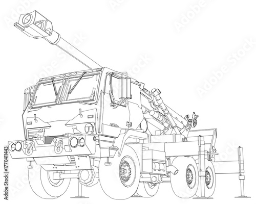 Military truck with crane and rocket launcher contour features detailed headlights, grille, and wheels in black and white line art.