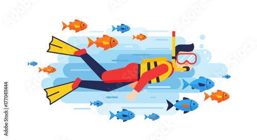 Cartoon Scuba Diver with Red Suit, Yellow Fins, and Snorkel Gear